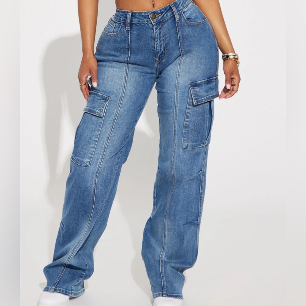 Fashion Nova Blue Flare Cargo Jeans